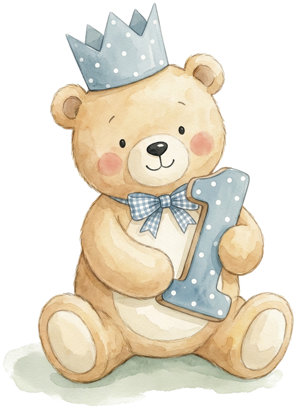 A cute teddy bear wearing a blue polka-dot party crown and bow tie, holding a big blue number 1.